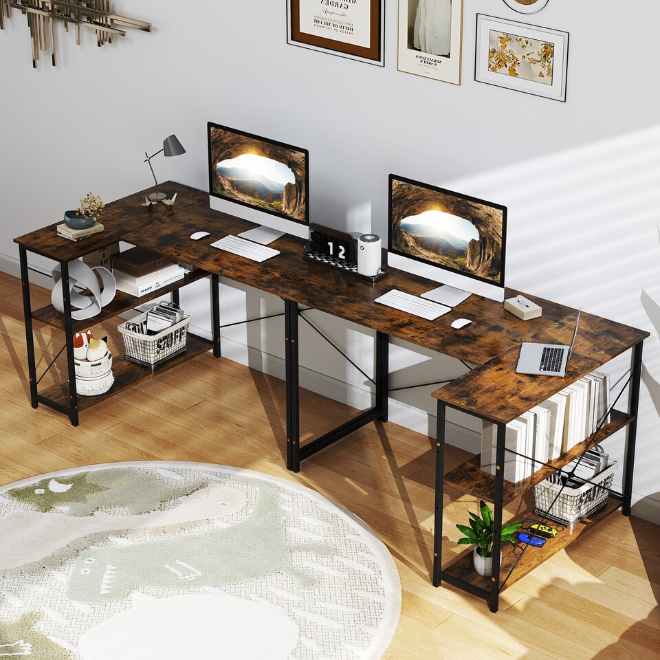 image 1 of COSTWAY L-shaped Computer Desk Reversible Corner Desk Brown