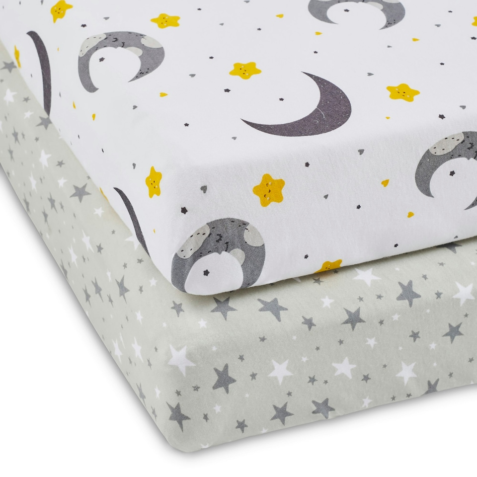 image 1 of Cot Bed Fitted Sheets 2 Pack – 100% Soft Cotton Jersey, Fits 140x70cm Baby Cot Bed Mattress (Cosmic Aura)