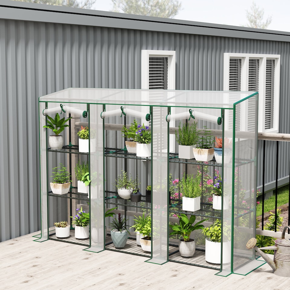 image 1 of Outsunny 3 Tier Lean-to Mini Greenhouse with Plastic Cover, White
