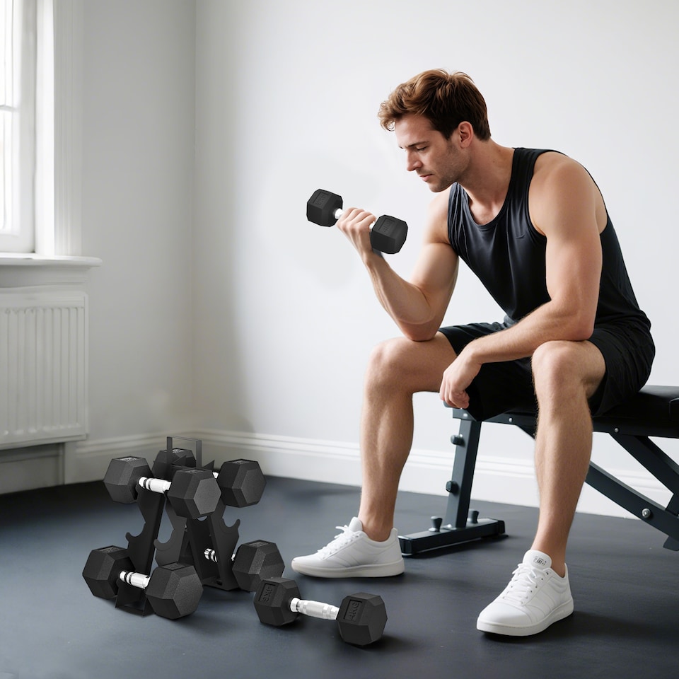 image 1 of SPORTNOW 36KG Hex Dumbbell Set with Dumbbell Rack, Rubber Coated Weights