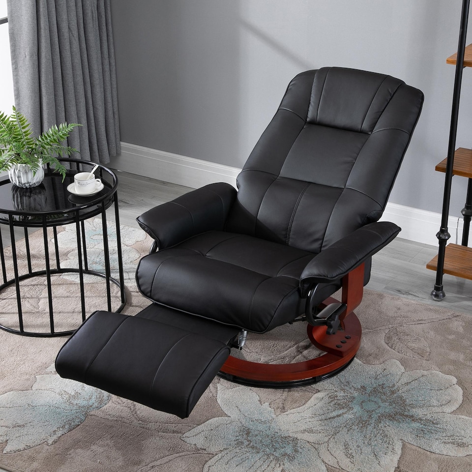 image 1 of HOMCOM 360 Swivel Recliner Chair with Footstool, Manual Recliner Armchair with Wooden Base, PU Leather Upholstered Reclining Chair for Living Room, Bedroom, Office, Black