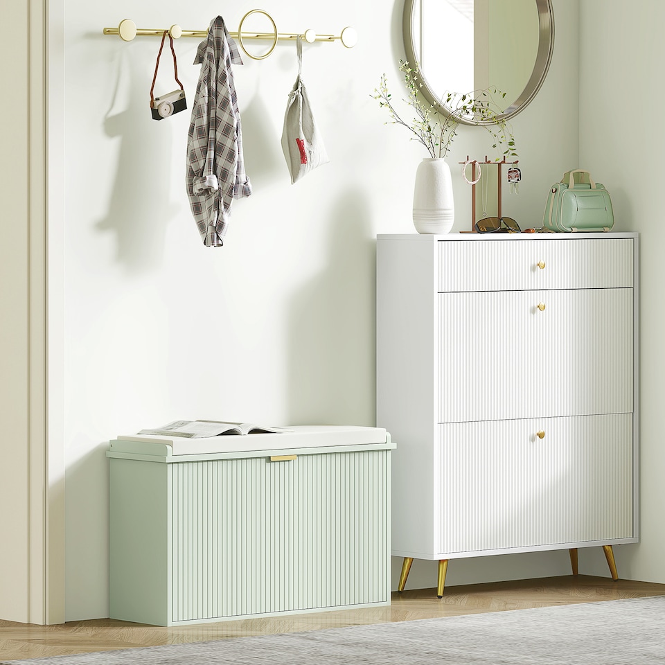 image 1 of HOMCOM Shoe Bench with Padded Seat Cushion and Flip-Drawer, Shoe Cabinet Holds up to 120kg for Hallway, Entryway and Porch, 80x26x47.5cm, Green | Green | Green