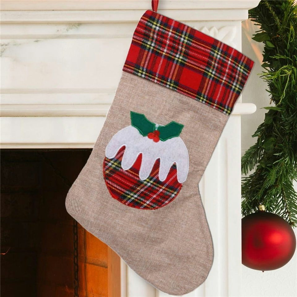 image 1 of Large Xmas Stocking Printed Pattern Burlap Hessian Linen Sack Sock Hanging Bags Home Decorations-Reindeer/Snowman/Robin/Ch