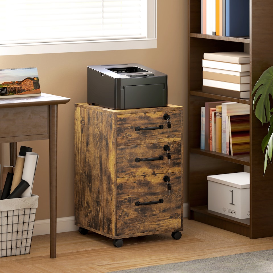 image 1 of HOMCOM Mobile Filing Cabinet with 3 Drawers and Wheels, Lockable Rolling Under Desk Drawers for A4 and Letter Sized Hanging File Holders, Printer Stand for Home Office, Rustic Brown | Brown | Rustic Brown