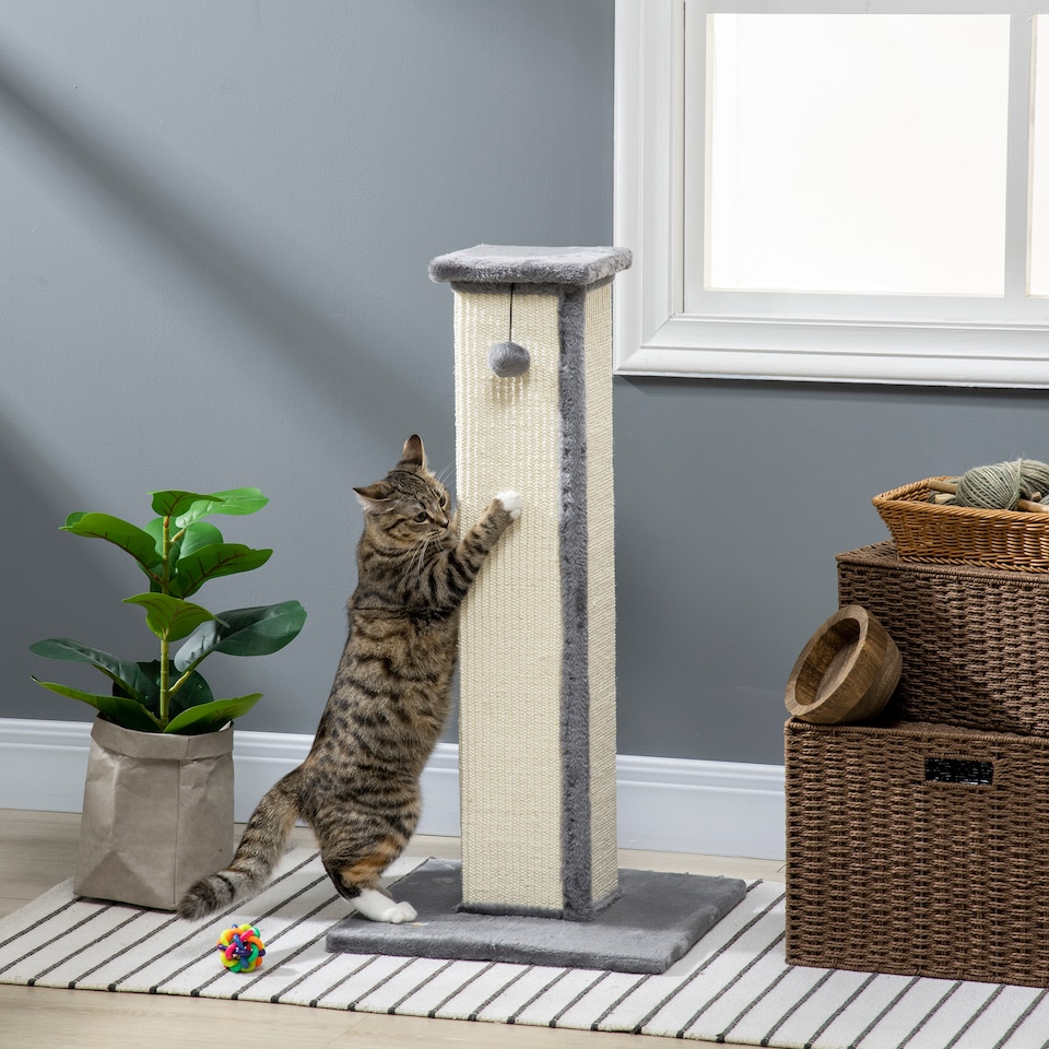 image 1 of PawHut Cat Scratching Post with Vertical Sisal Rope Ball Plush, 81cm