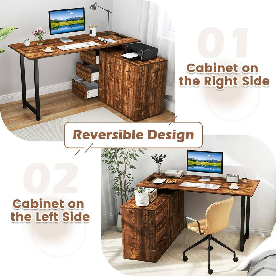 image 1 of COSTWAY L-Shaped Desk Reversible Corner Computer Desk Coffee Brown