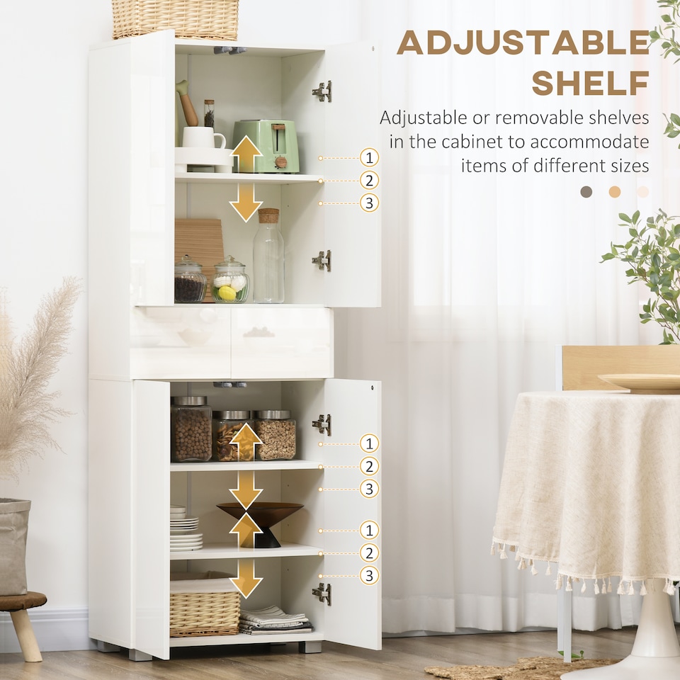 image 1 of HOMCOM 4-Door Kitchen Cupboard, Tall Freestanding 5-Tier Storage Cabinet with 3 Adjustable Shelves, 2 Drawers for Living Room, Dining Room, Push to Open Design, High Gloss White