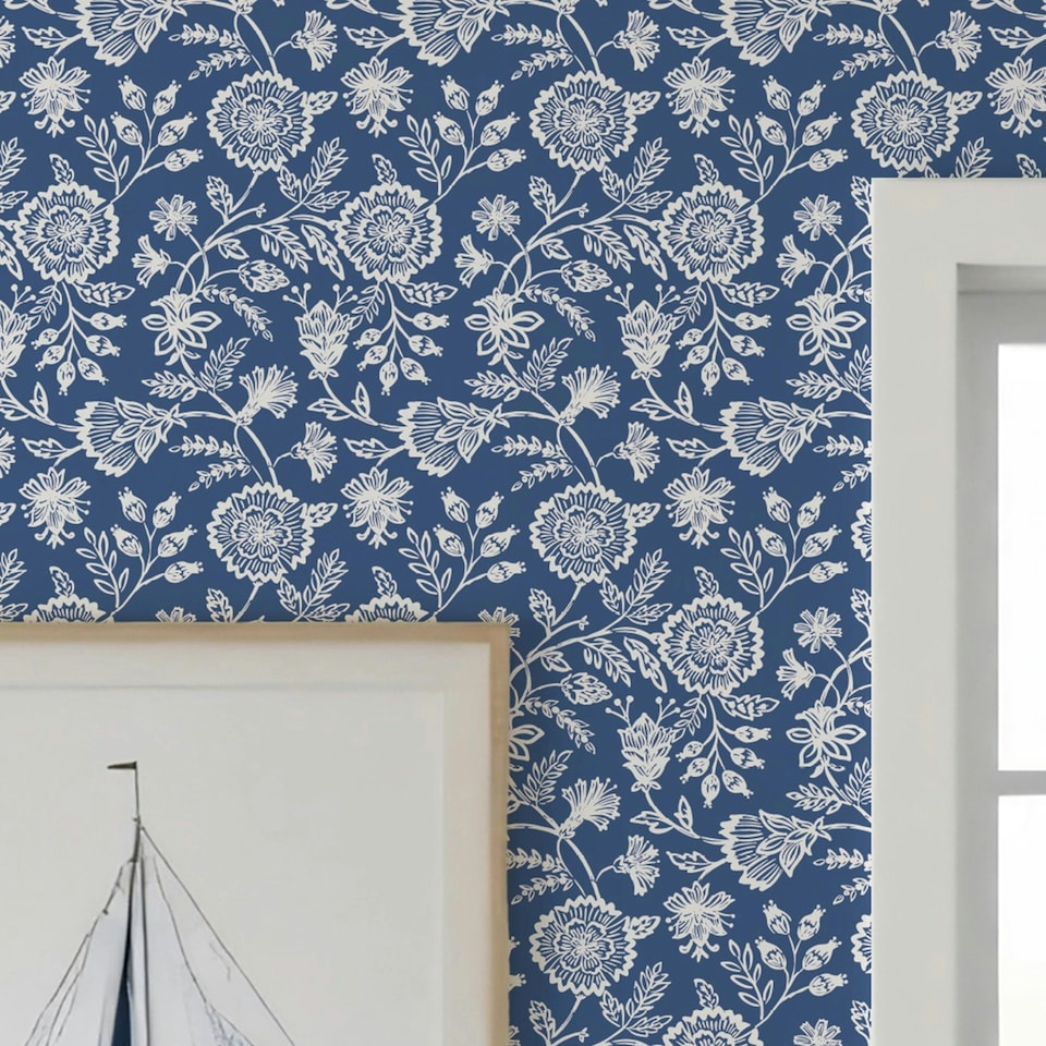 image 1 of Country Floral Wallpaper in Blue Blue