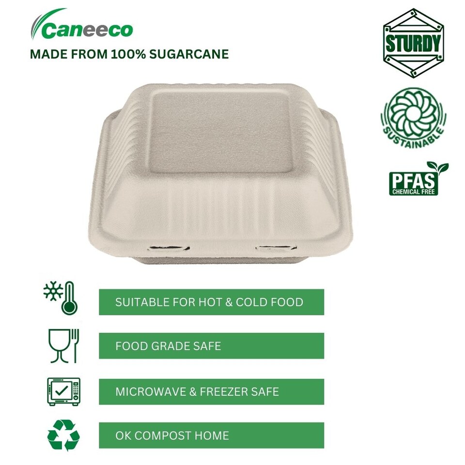 image 1 of Bagasse Sugarcane Takeaway Boxes 8x8 Clamshell Containers, PFAS Free, TUV Home Compostable Certified Food Boxes for Hot & Cold Meals, Restaurants, Parties & Catering