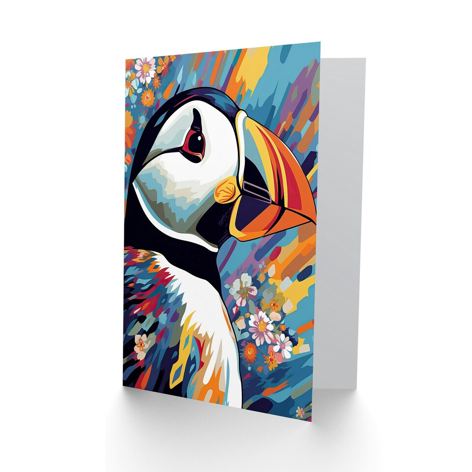 image 1 of Flowers Vibrant Colourful Puffin Birthday Card