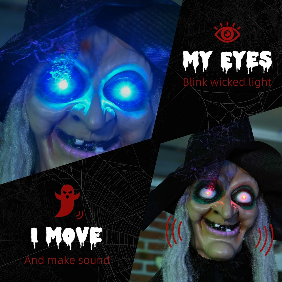 image 1 of HOMCOM Hanging Witch Prop Life Size with Light Up Eyes, Talking Sound