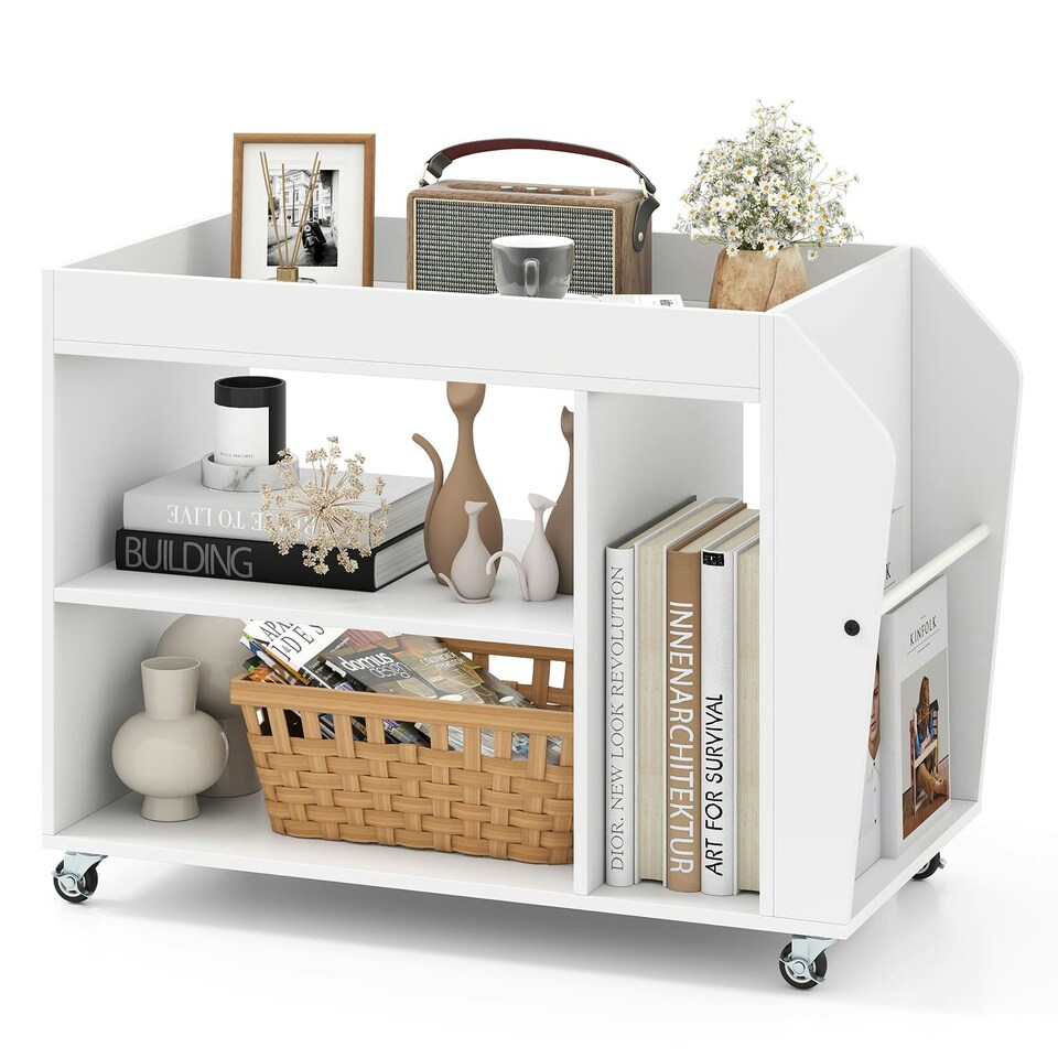 image 1 of COSTWAY Side End Table 3-Tier Bookshelf Rolling Nightstand White