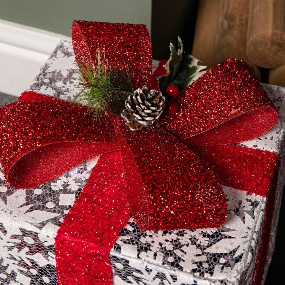 image 1 of Set of 3 Light up White Christmas Parcels with Red Bows & White LEDs