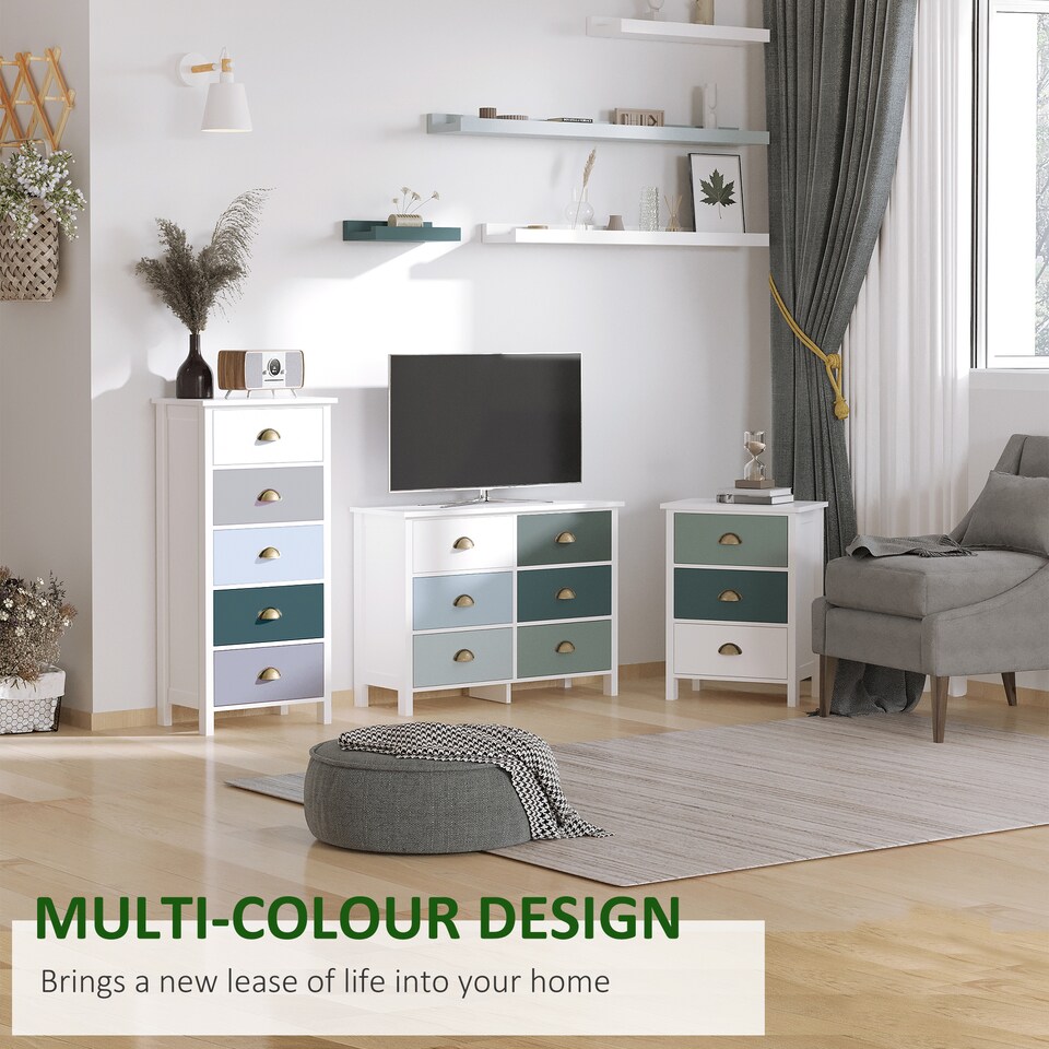 image 1 of HOMCOM Slim Storage Cabinet Organiser, Chest of Drawers, 5-Drawer Dresser with Metal Handle for Living Room, Bedroom, Blue