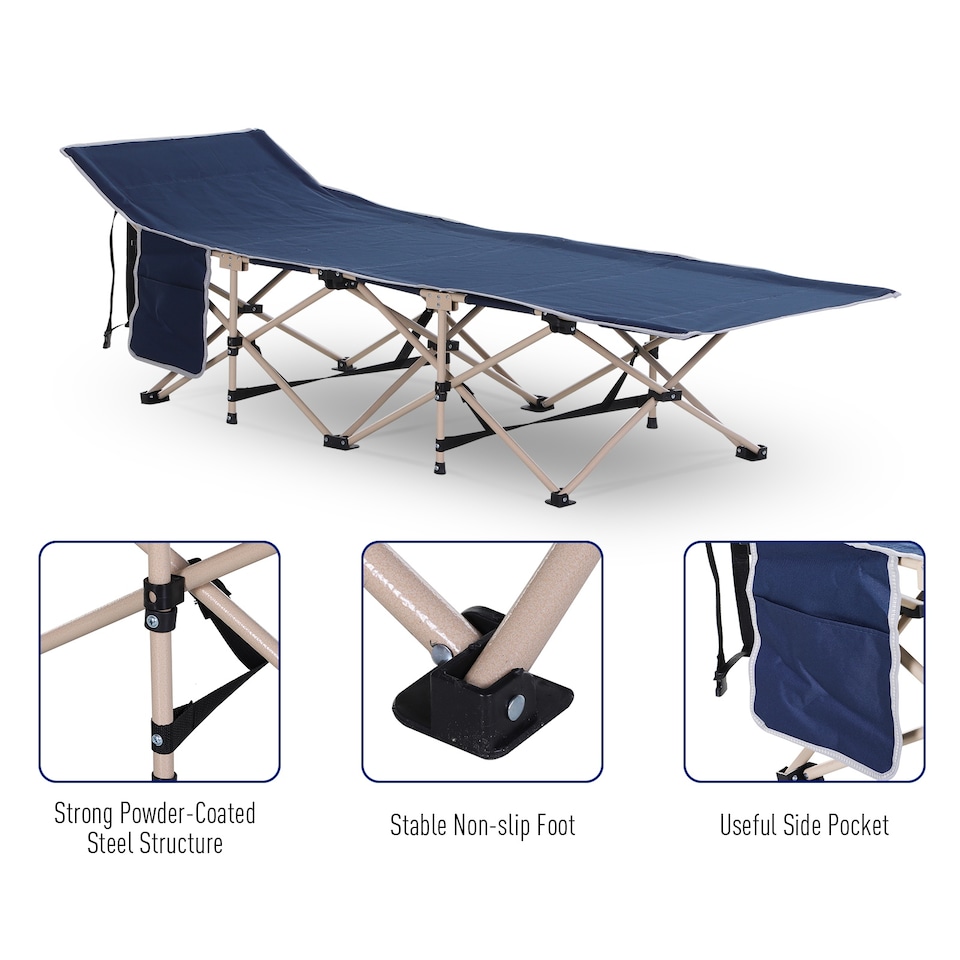 image 1 of Outsunny Single Person Camping Bed Folding Cot Outdoor Patio Portable Military Sleeping Bed Travel Guest Leisure Fishing with Side Pocket and Carry Bag - Blue