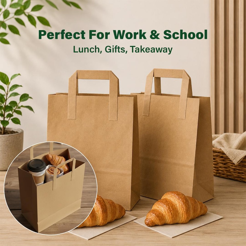 image 1 of ECONX Small Brown Kraft Paper Bags With Handles 50pcs Biodegradable SOS Takeaway Party Carrier Bags