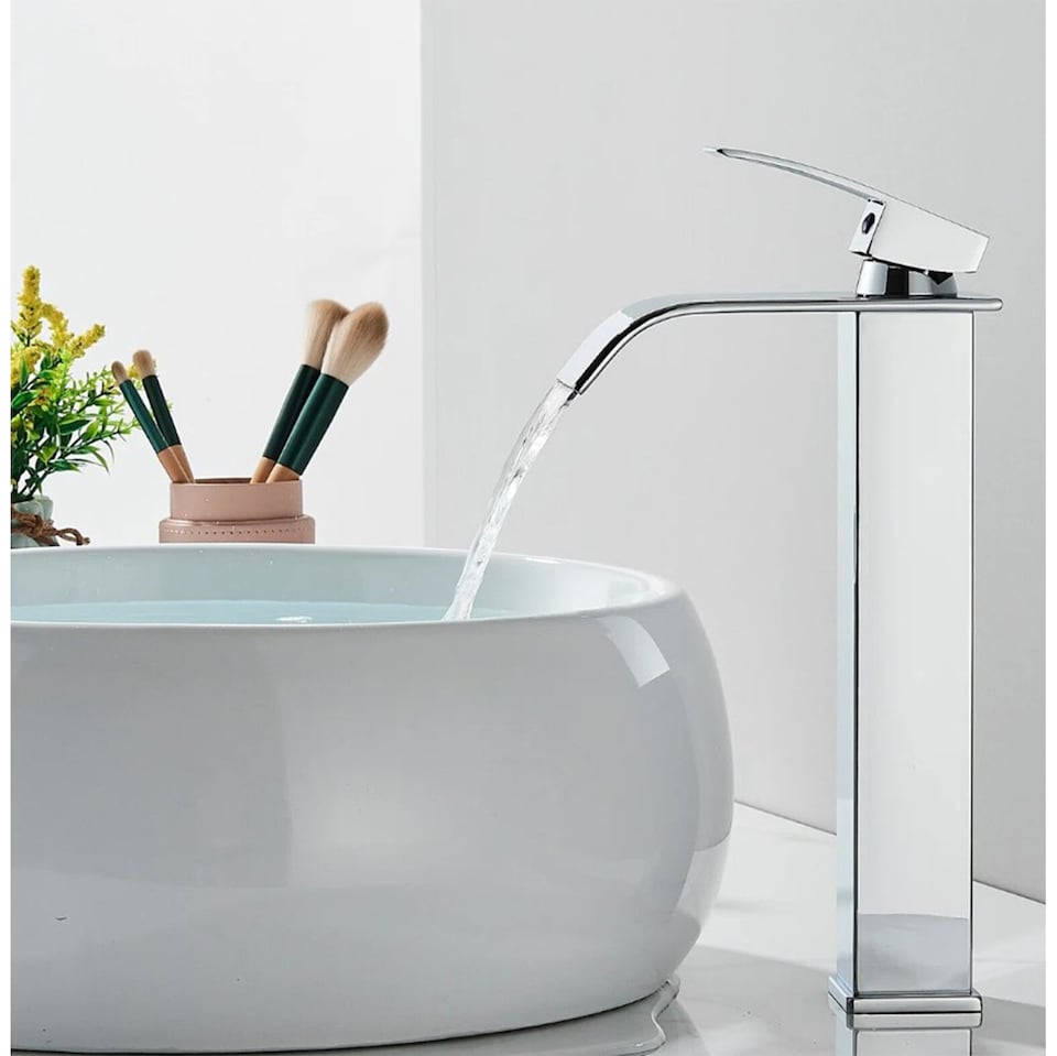 image 1 of Basin Tap Silver Waterfall Tall Single Lever Handle Single Hole Mono Basin Mixer