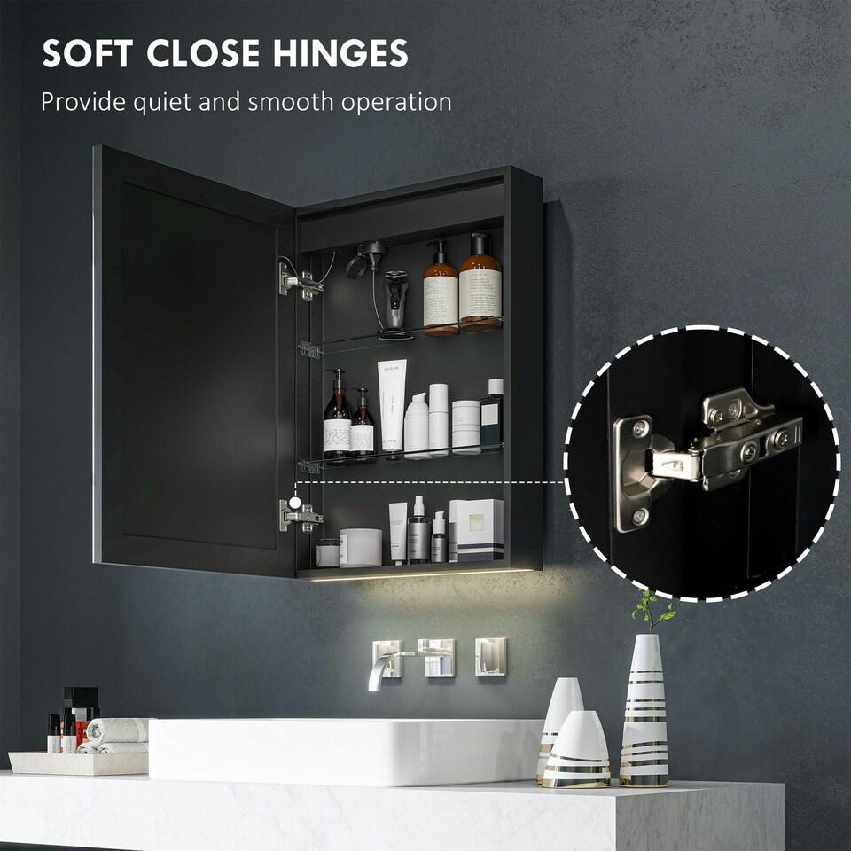 image 1 of HOMCOM Bathroom Cabinet with Mirror, LED Lights and Demister Pad, Black Black
