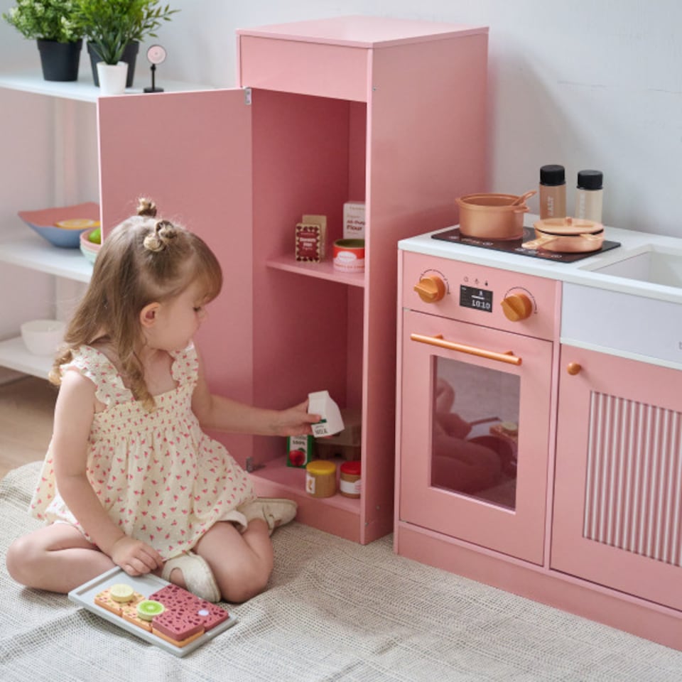image 1 of Teamson Kids Little Chef Chester Play Kitchen in Peach with Fridge, Stove, 12 Accessories, Shelves & Hooks