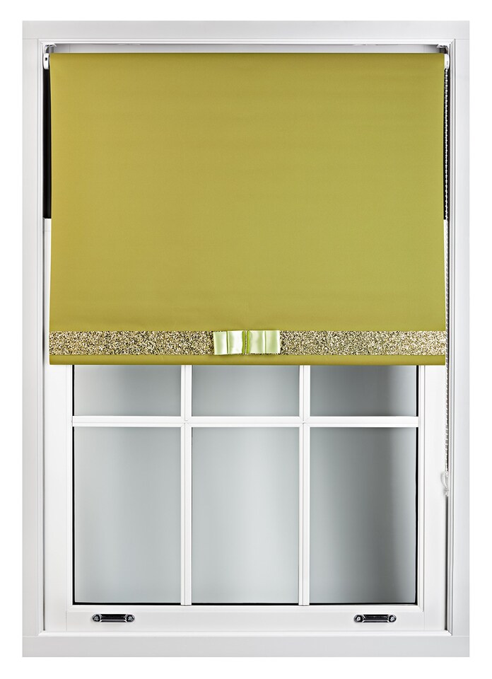 image 1 of FURNISHED Blackout Roller Blind with Gold Glitter Trim and Green Bow Cut to Size | Green | Green | (W) 210cm x (L) 165cm