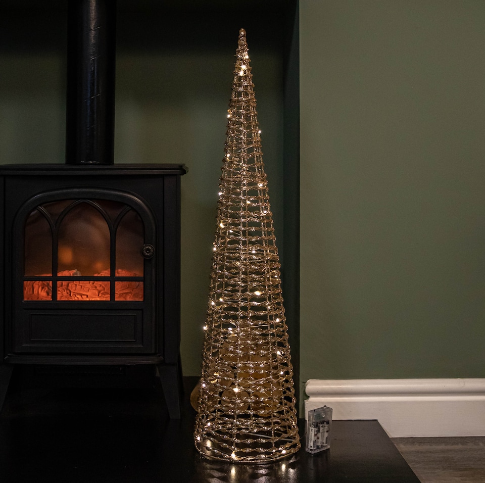 image 1 of Set of 3 Gold Glitter Twist Christmas Cone Trees with 90 Warm White LEDs