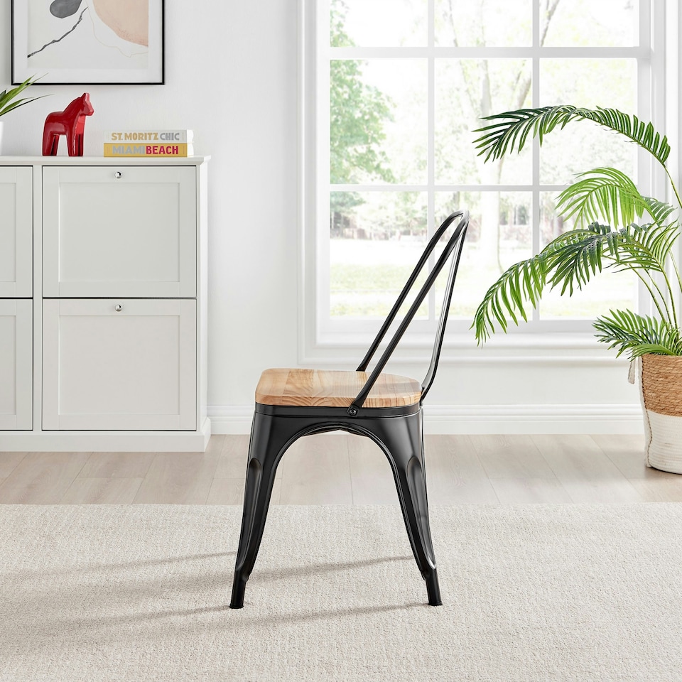 image 1 of Furniturebox 2x Colton 'Tolix' Style Black Metal Dining Chairs Wood Seat