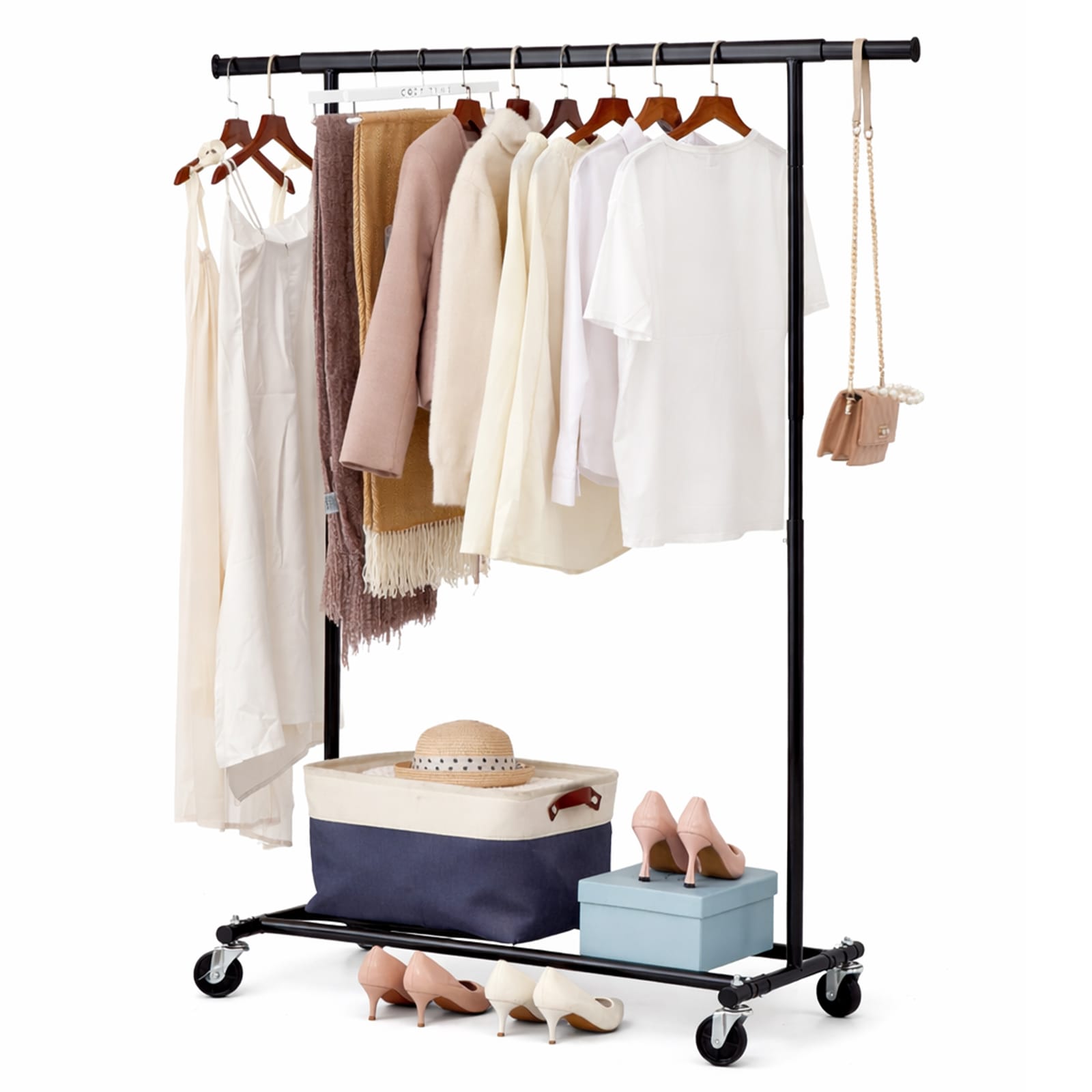 House of Home Heavy Duty Black Clothes Rail Adjustable Width Height with Shelf Wheels