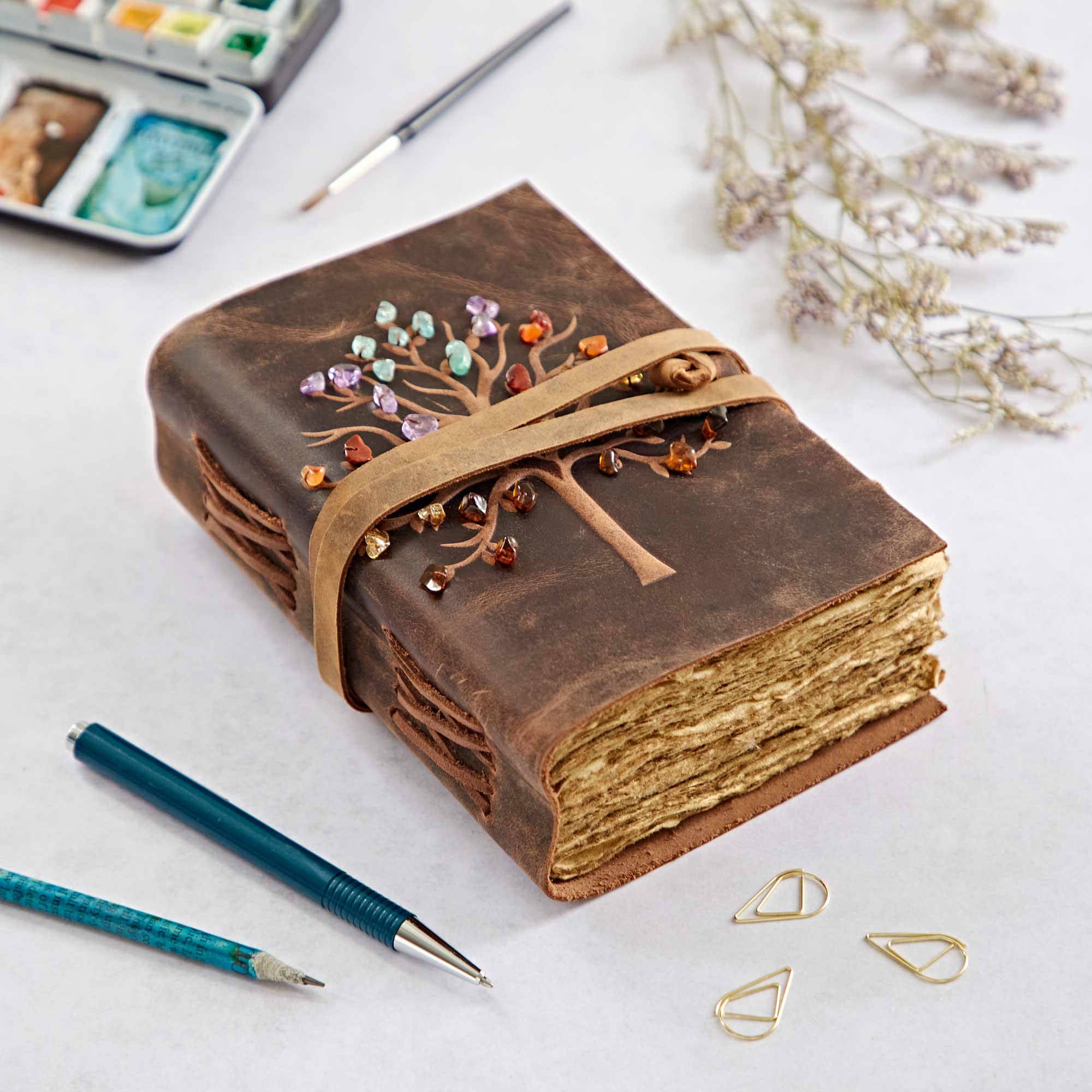 Paper High Tree of Life Buffalo Leather Journal with Gemstones in Brown