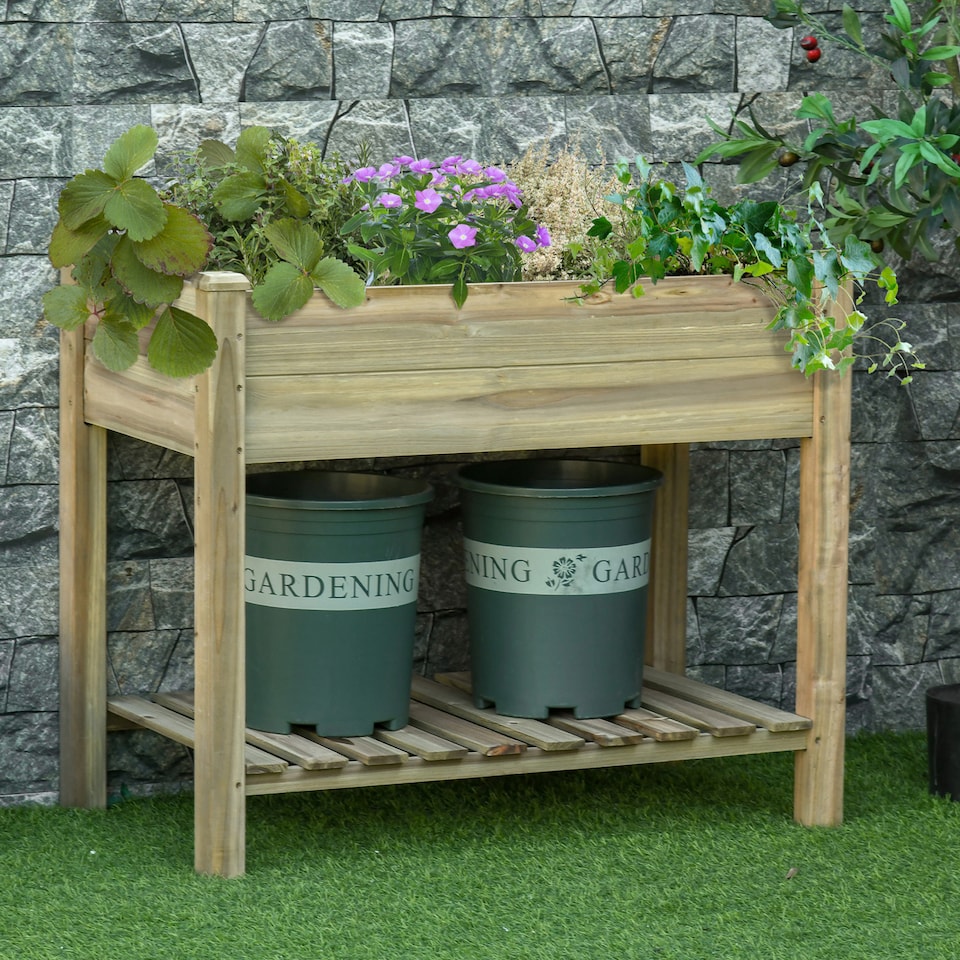 image 1 of Outsunny Raised Garden Bed with Legs and Storage Shelf Elevated Wood