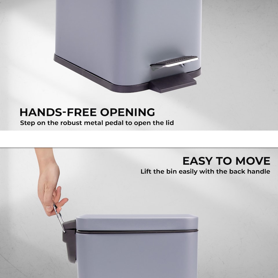 image 1 of 5L BATHROOM SLIM KITCHEN PEDAL RECTANGULAR BIN WASTE WITH SOFT CLOSING LID GREY