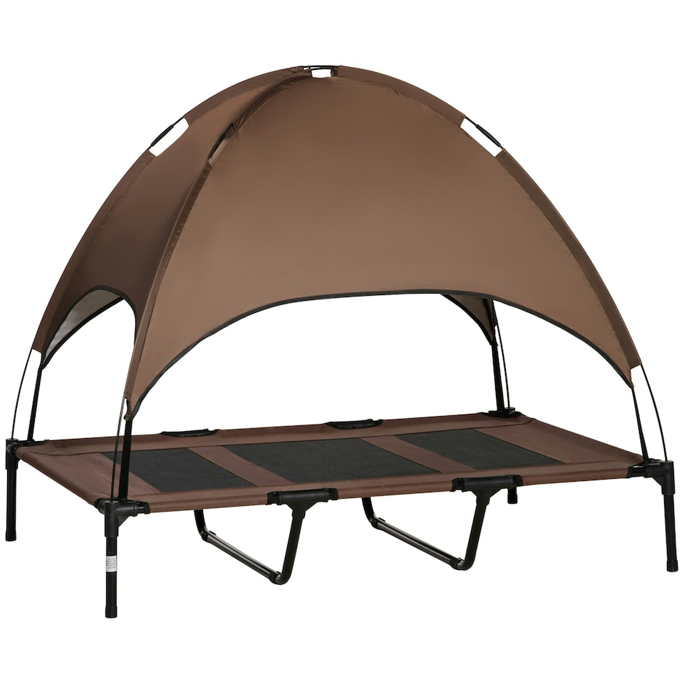 image 1 of PawHut 122cm Elevated Dog Bed Cooling Raised Pet Cot UV Protection Canopy Brown