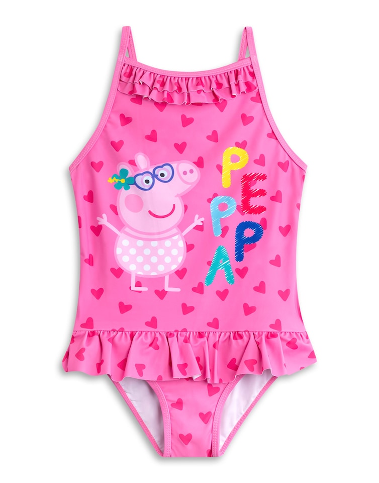 image 1 of Peppa Pig Girls Swimsuit & Hooded Towel Poncho | Kids Pink Swimming Costume and Towelling Robe | Gift For Children 4-5 Years
