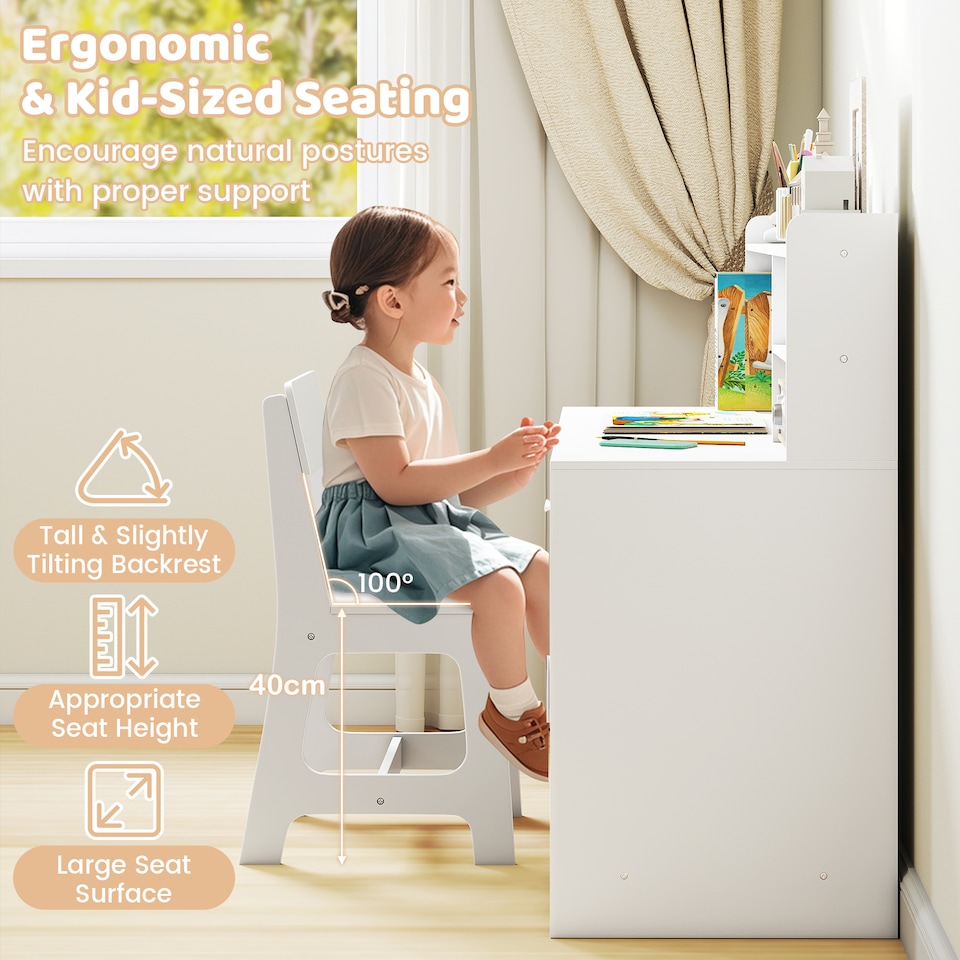 image 1 of COSTWAY Kids Study Desk and Chair Set Wooden Children Writing Table-White
