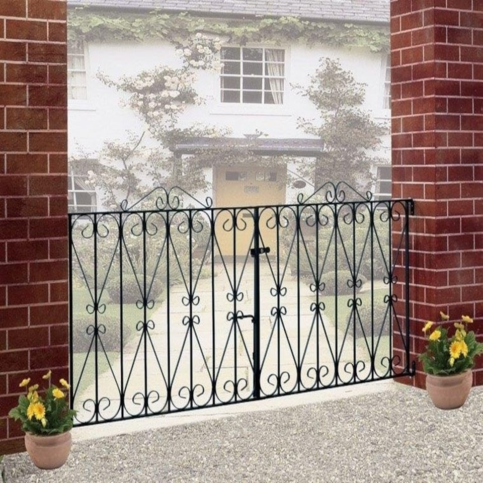 Regent Scroll Double Driveway Gate - Solid Steel - Fits Gap of 2438 mm x 914 mm High - Electro Galvanised/Black Powder Coated Black