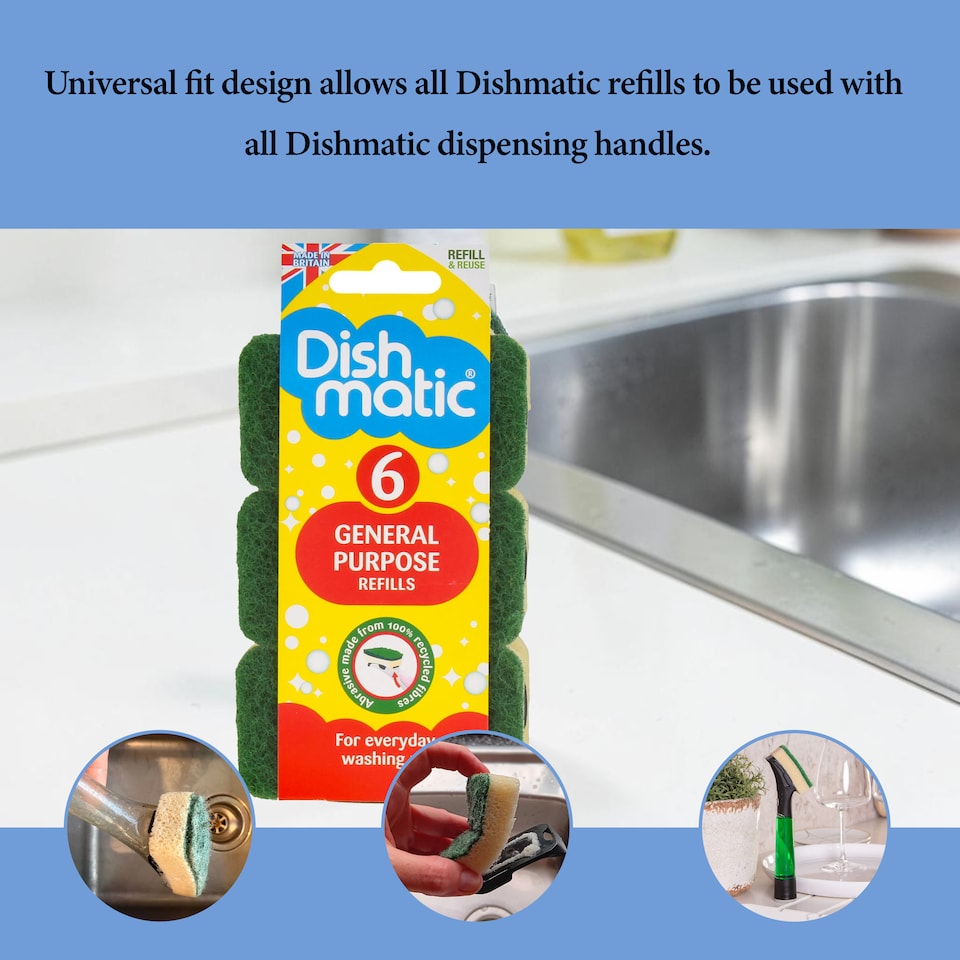 image 1 of Dishmatic Scrubbee Handle with 6 General Purpose Refills and I-Stand Fillable Washing Up Brush Set for Cleaning