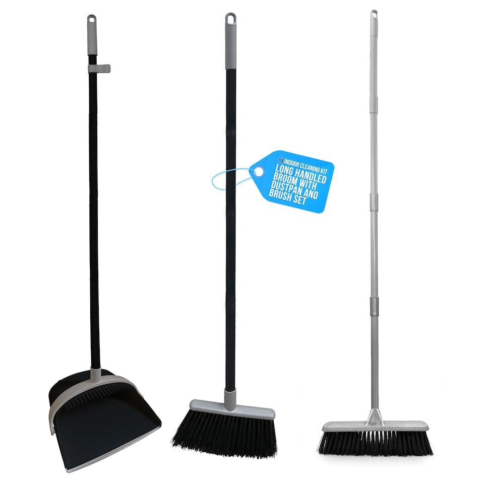 image 1 of Indoor Soft Bristle Broom & Swivel Dustpan Set Long Handle Cleaning Kit