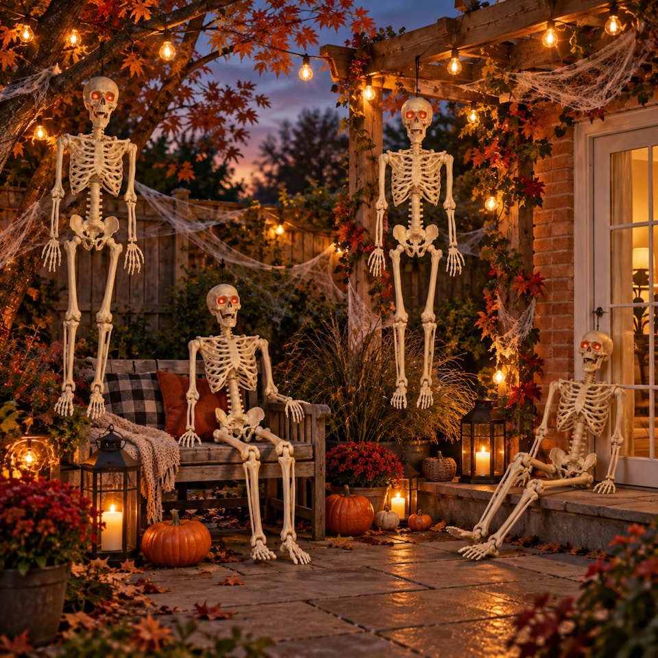 image 1 of Pack of 4 5ft (150cm) Posable Full Body Halloween LED Skeleton Decoration with Movable Joints and LED Eyes