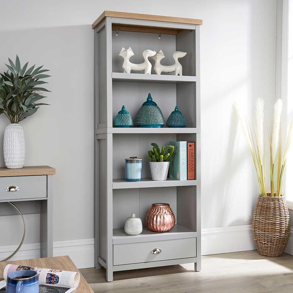 image 1 of Grey Oak Tall Bookcase Display Unit 4 Bookshelves Storage Drawer Metal Handles