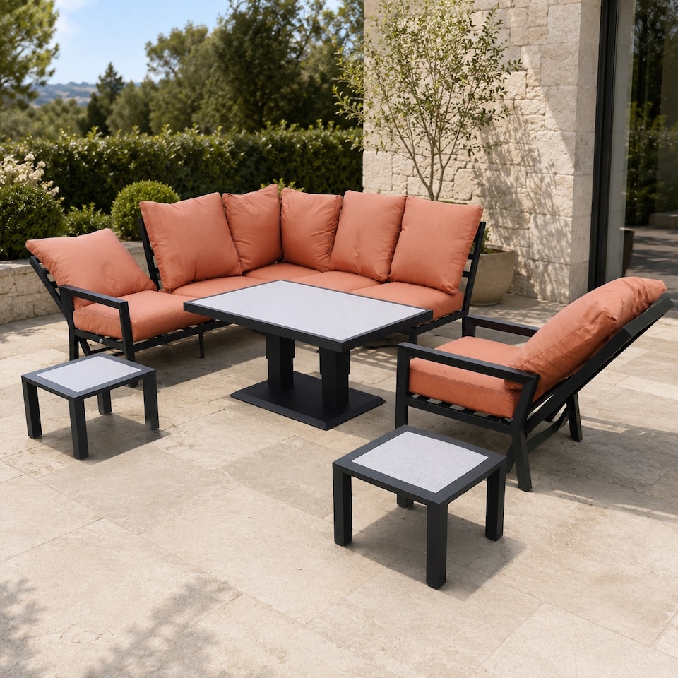 image 1 of Monte Carlo 7 Seater Aluminium Reclining Corner Garden Sofa Set with Gas Lift Table & Terracotta Cushions
