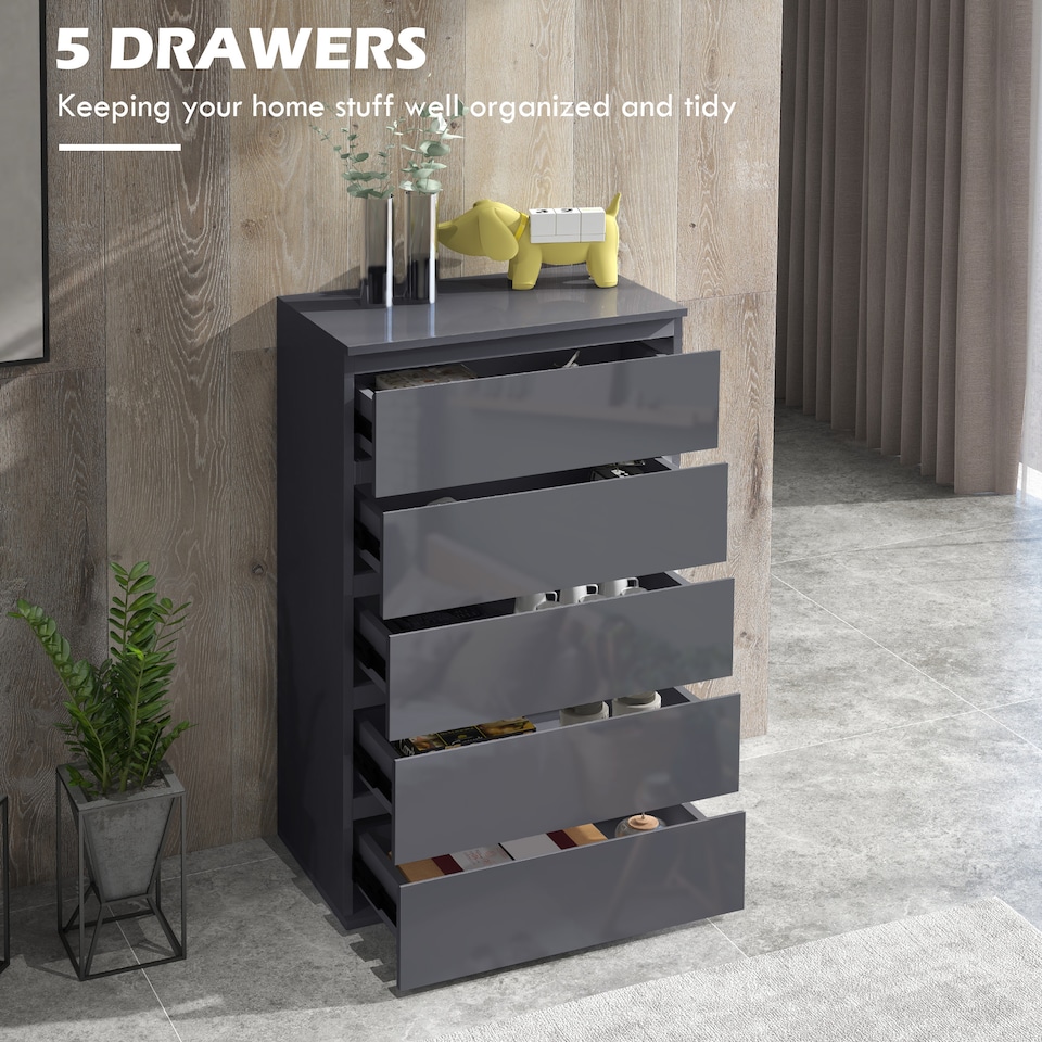 image 1 of HOMCOM High Gloss Chest of Drawers, Modern 5 Drawer Dresser with Soft Closing Mechanism for Bedroom, Grey