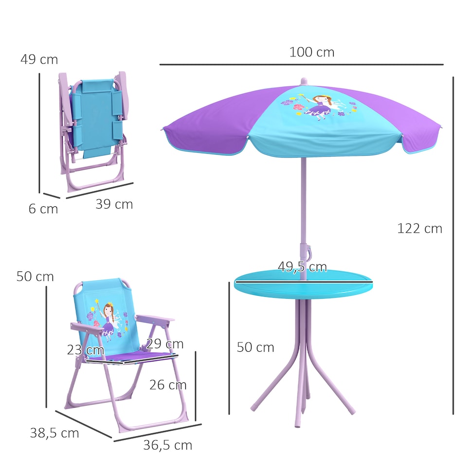 image 1 of Outsunny Kids Bistro Table and Chair Set w/ Fairy Theme, Adjustable Parasol