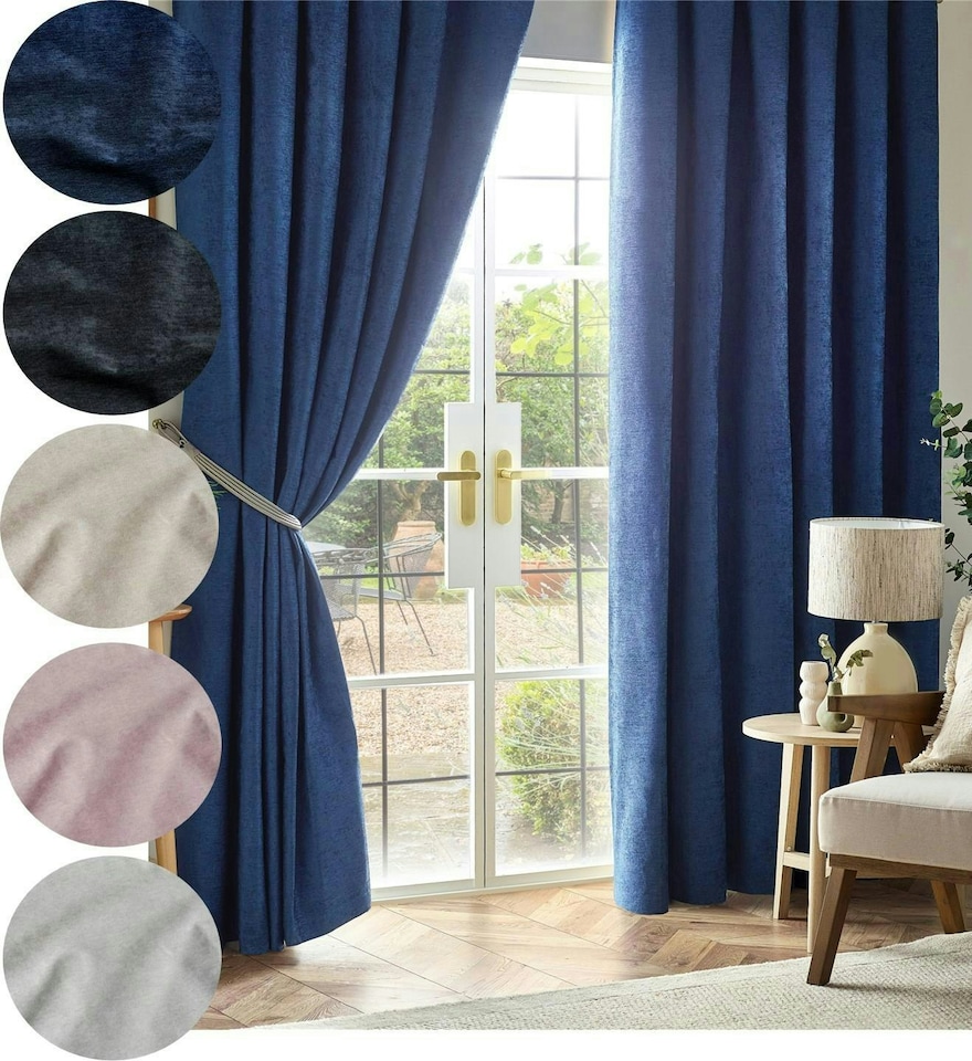 image 1 of Chenille Blackout Pencil Pleat Taped Top Curtains - 229cm x 229cm - Blue