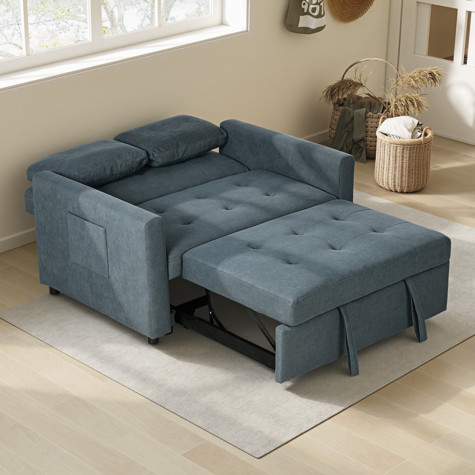 image 1 of HOMCOM 2 Seater Sofa Bed, 120 cm Convertible Bed Settee, Modern Fabric Loveseat Sofa Couch with 2 Cushions, Side Pockets for Living Room, Guest Room, Charcoal Grey