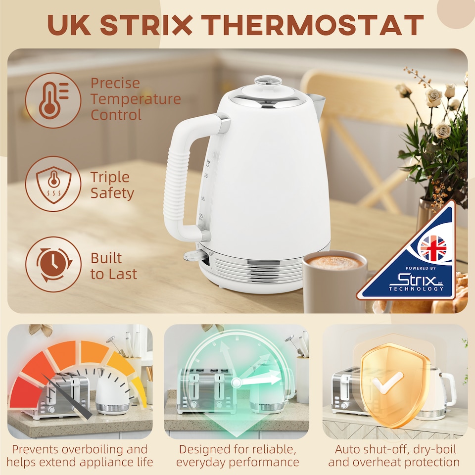 image 1 of HOMCOM Stainless Steel Kettle and Toaster Set, 1.7L 3000W Rapid Boil Jug Kettle with UK Strix Thermostat, Limescale Filter, 4 Slice Toaster with 7 Browning Controls, Crumb Tray, White and Silver Tone