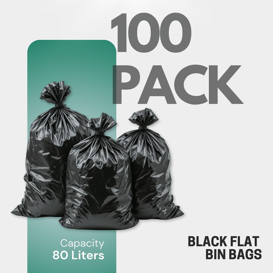 image 1 of Pack of 100 Heavy Duty Black Bin Bags – 80L, Flat Pack