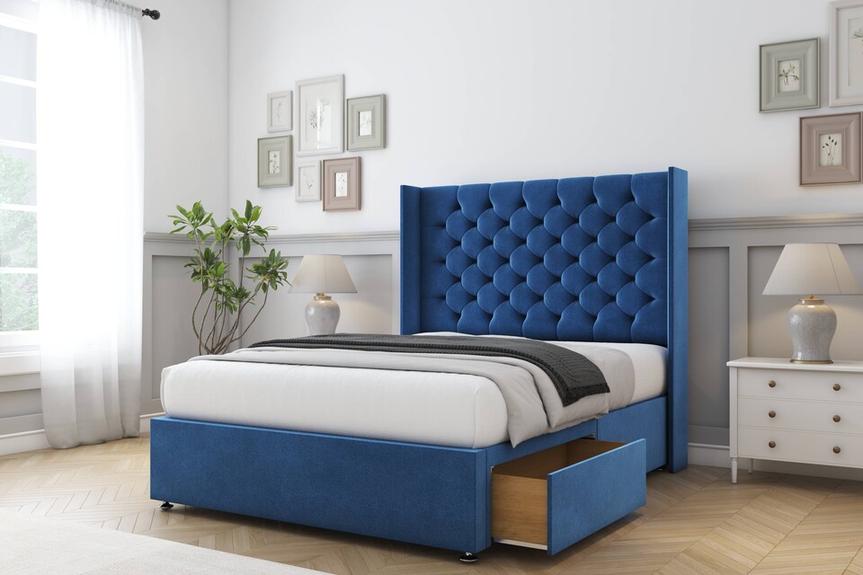 image 1 of Sloomy Dior Navy Plush Divan Bed With Mattress No Drawers With 54" Wingback Headboard 3' Single | Blue | Navy | Single | 1