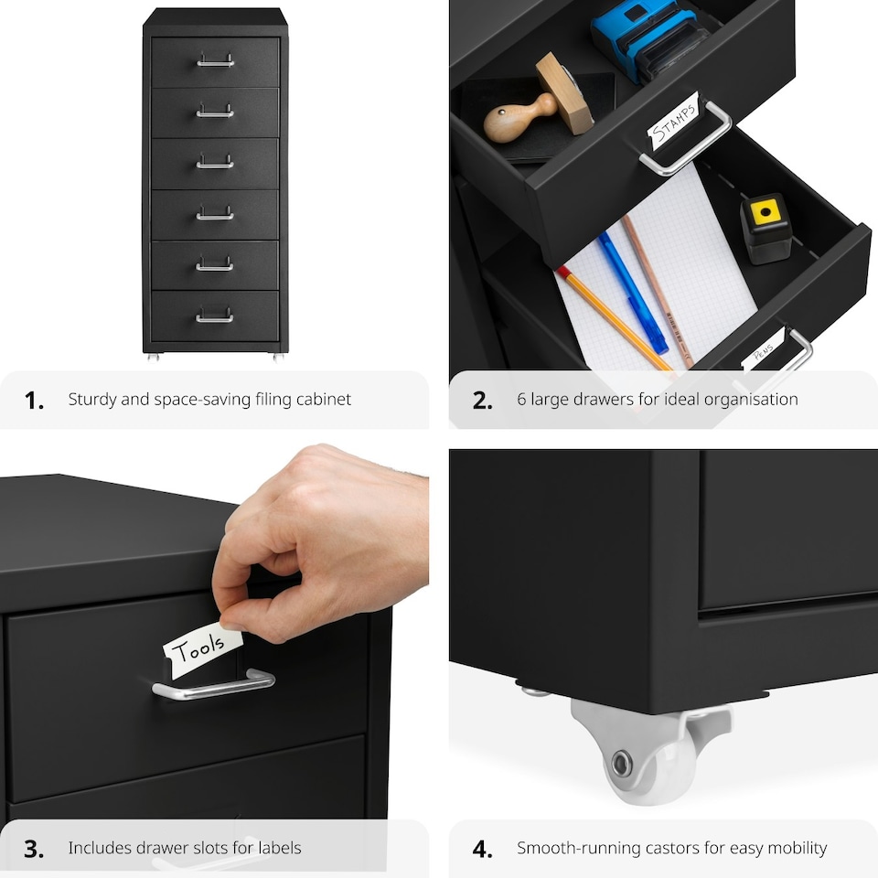 image 1 of Filing Cabinet - made of steel, 4 wheels, 6 drawers, label holders, easy assembly Black