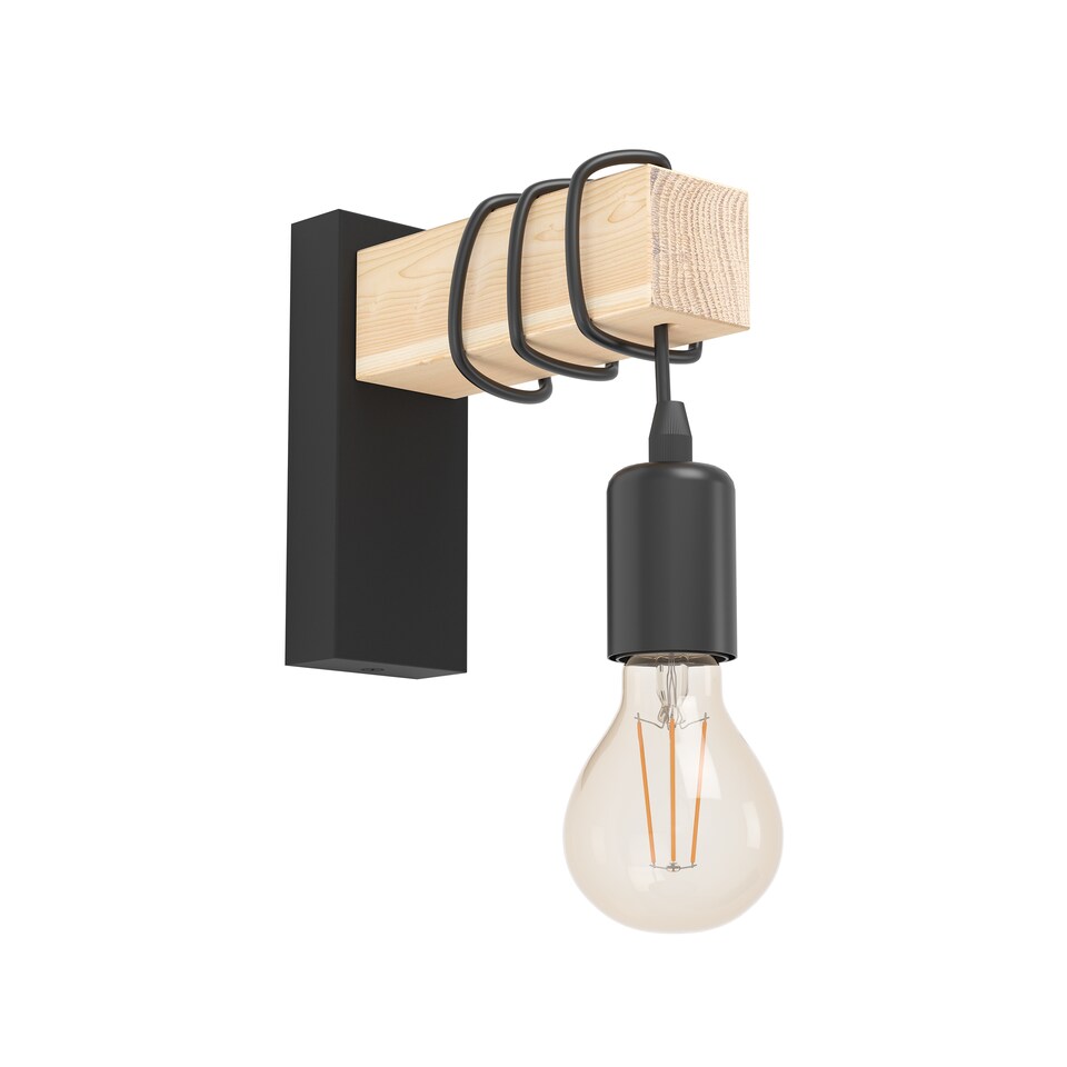 image 1 of EGLO Townshend Black Metal & Natural Wood Wall Light - Vintage Industrial Style (D) 21.5cm
