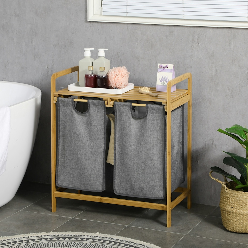 image 1 of HOMCOM Bamboo Laundry Basket with Shelf Pull-out Bags for Bedroom Laundry Room