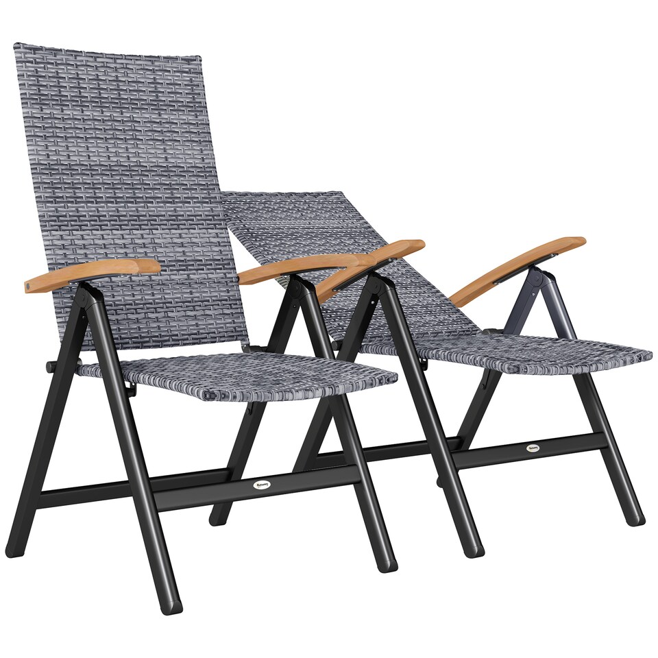 image 1 of Outsunny Folding Garden Chairs Set of 2, 5-level Reclining PE Rattan Garden Dining Chairs with Wood Armrests, High Back and Steel Frame for Outdoor, Patio, Terrace, Porch, Light Grey | Grey | Light Grey